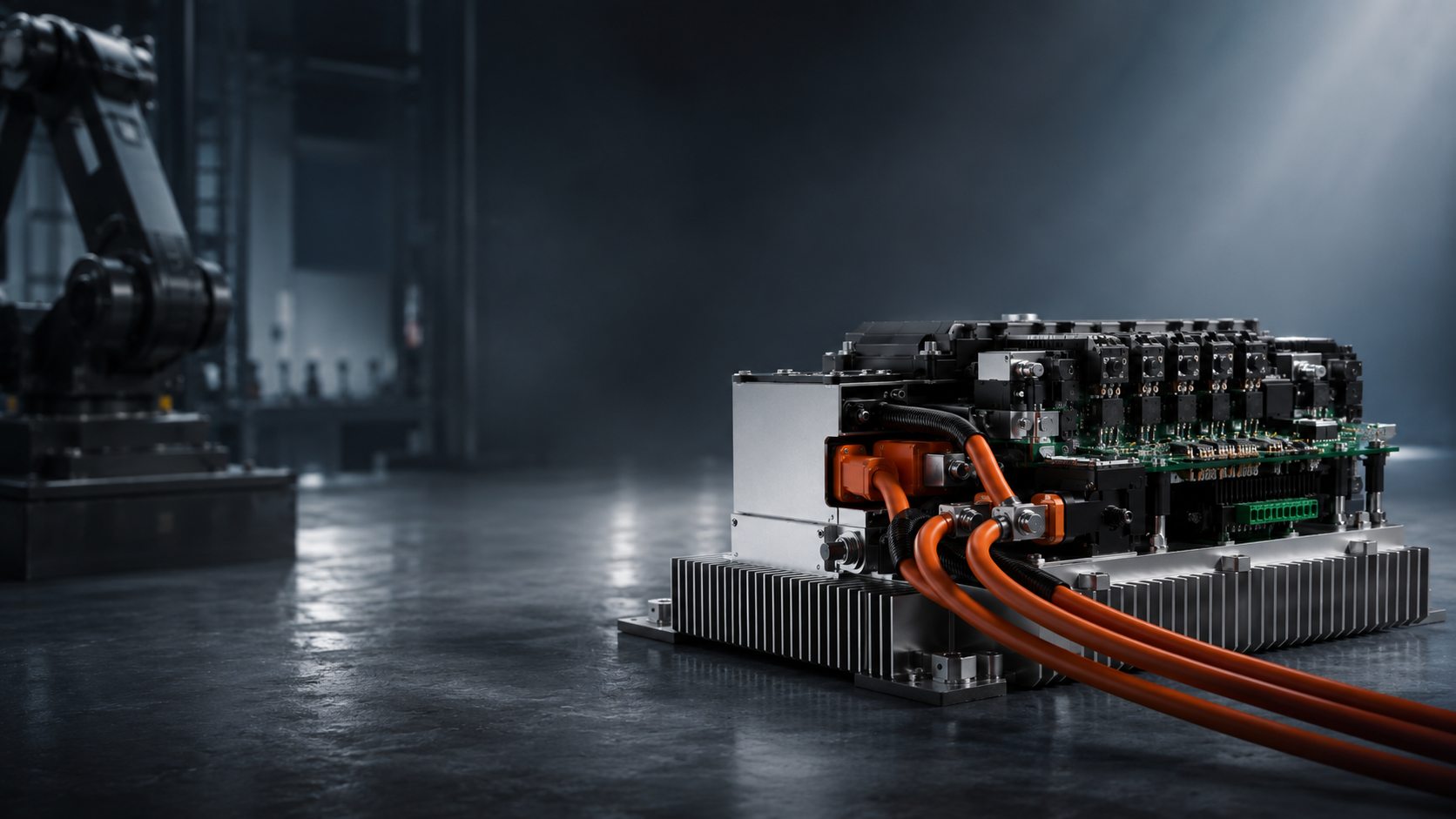 Industrial high-current DC motor controller with orange power cables