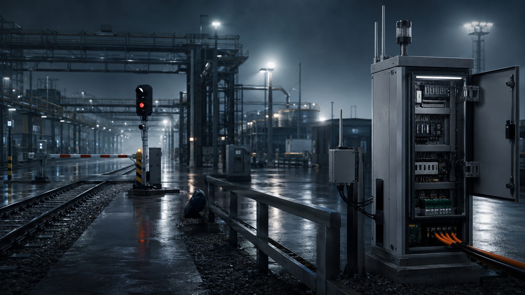 Industrial railway access signal, barrier, and control cabinet