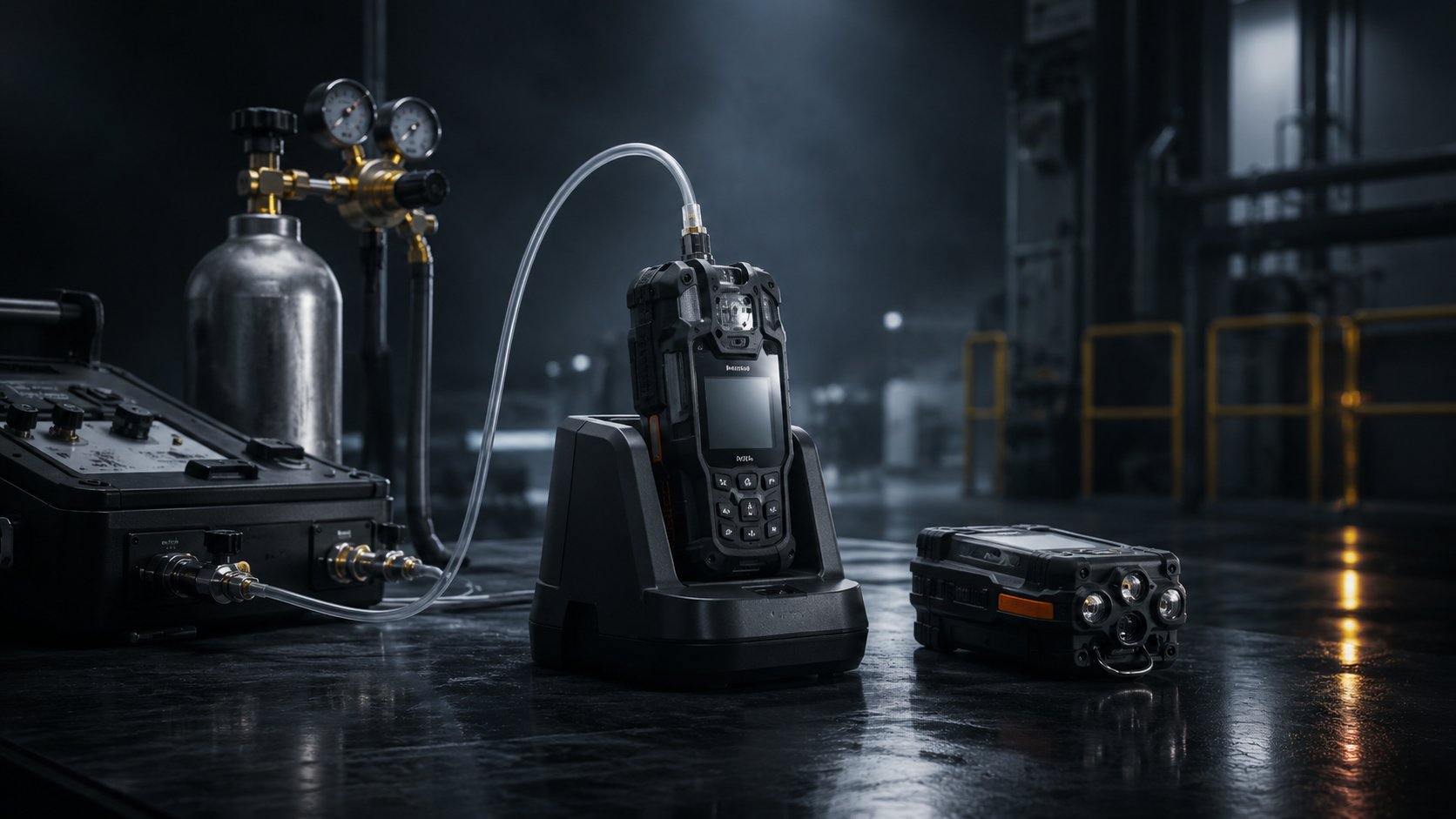 Portable industrial gas detector connected to calibration equipment and a reference gas cylinder